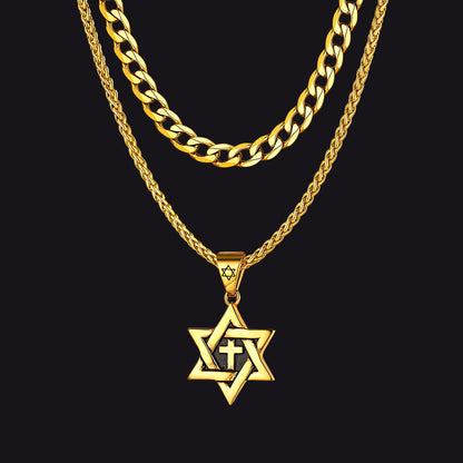 Curb Chain & Star of David With Cross Layered Necklaces Set for