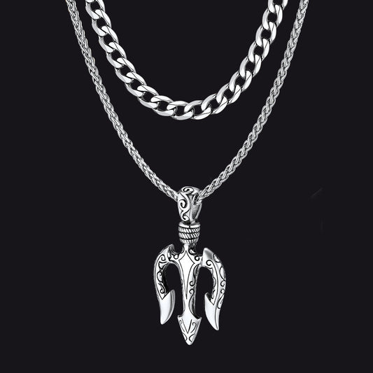 Poseidon Trident & Curb Chain Layered Necklaces Set for