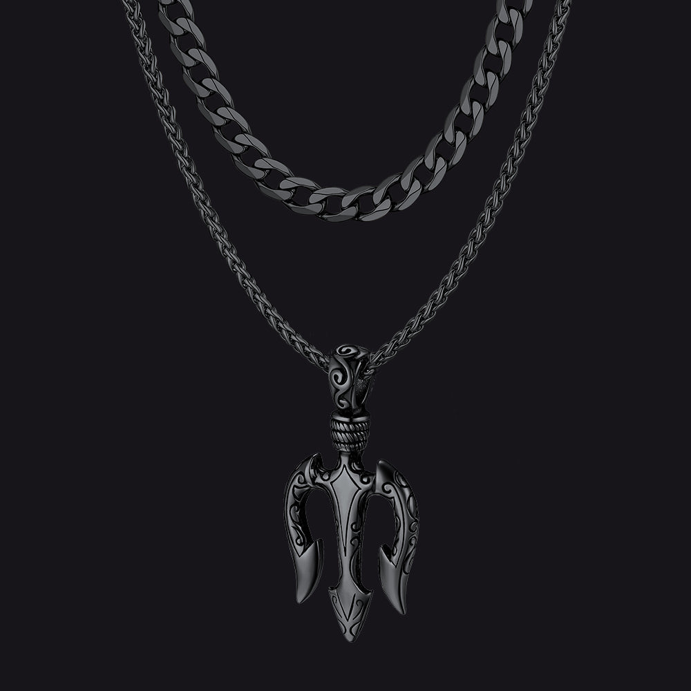 Poseidon Trident & Curb Chain Layered Necklaces Set for