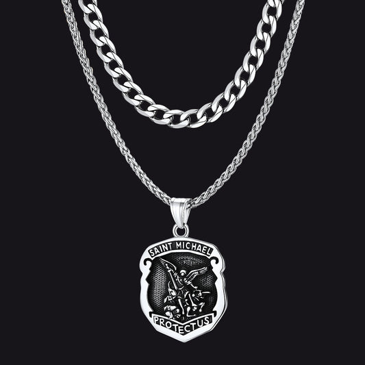 Cuban Chain & Saint Michael Necklace Layered Set for