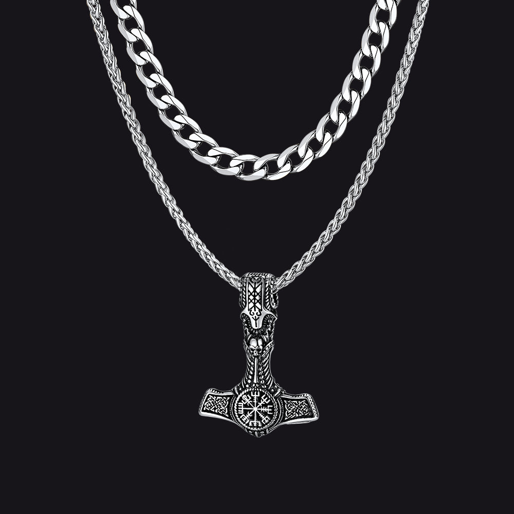 Cuban Curb Chain & Thor's Hammer Layered Necklaces Set for