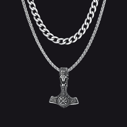 Cuban Curb Chain & Thor's Hammer Layered Necklaces Set for