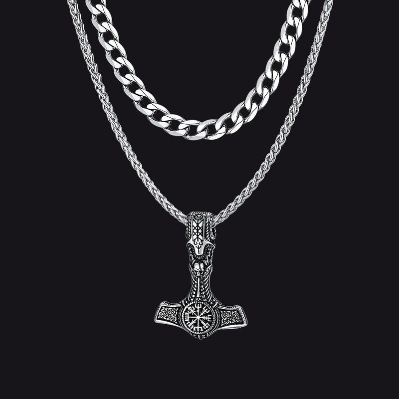 Cuban Curb Chain & Thor's Hammer Layered Necklaces Set for