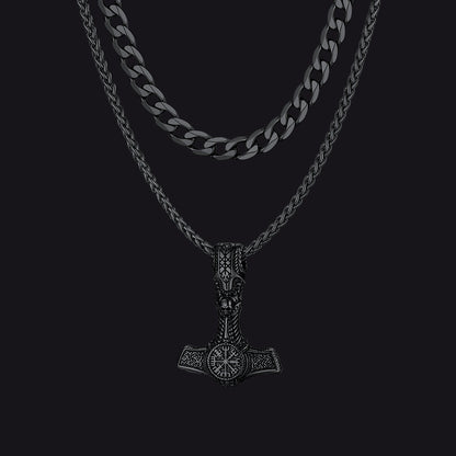 Cuban Curb Chain & Thor's Hammer Layered Necklaces Set for