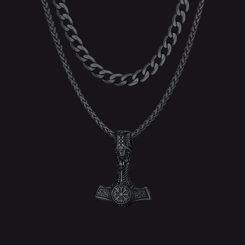 Cuban Curb Chain & Thor's Hammer Layered Necklaces Set for