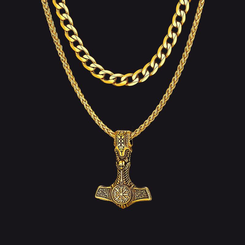Cuban Curb Chain & Thor's Hammer Layered Necklaces Set for