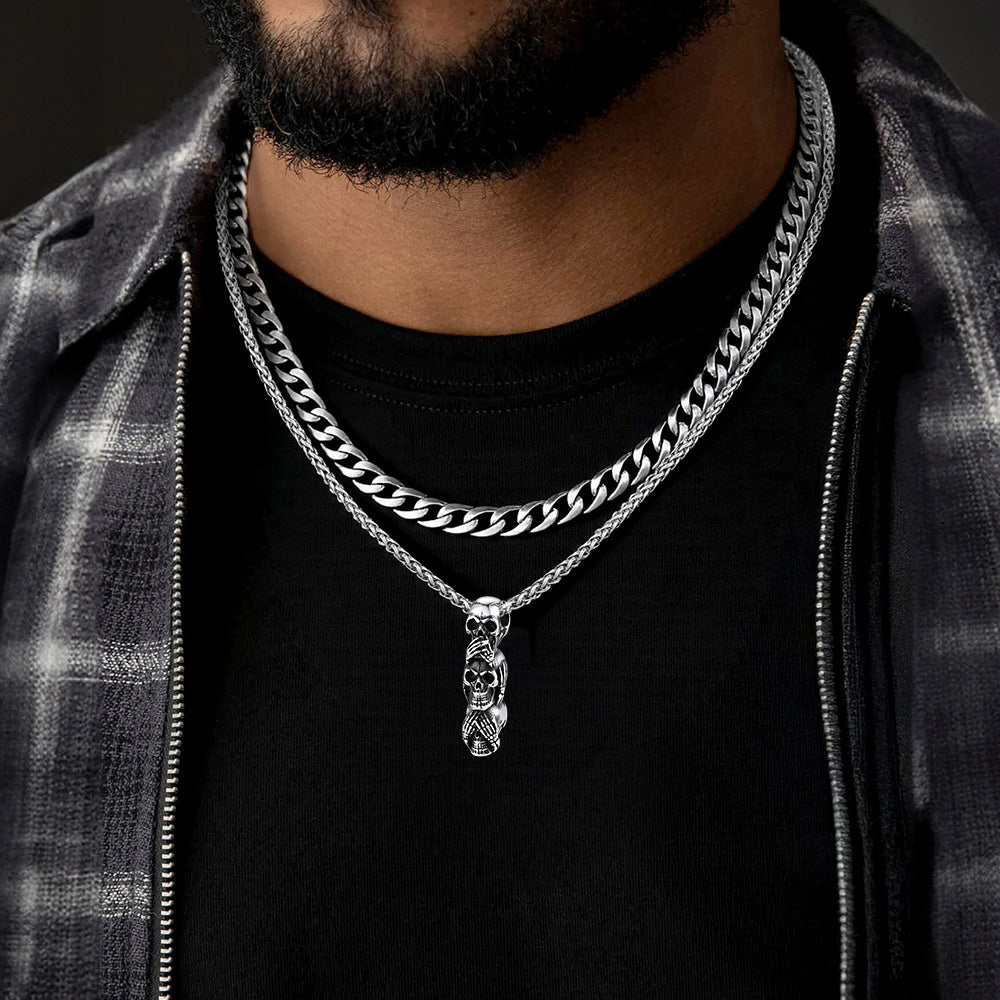 Cuban Curb Chain & Skull Layered Necklaces Set for