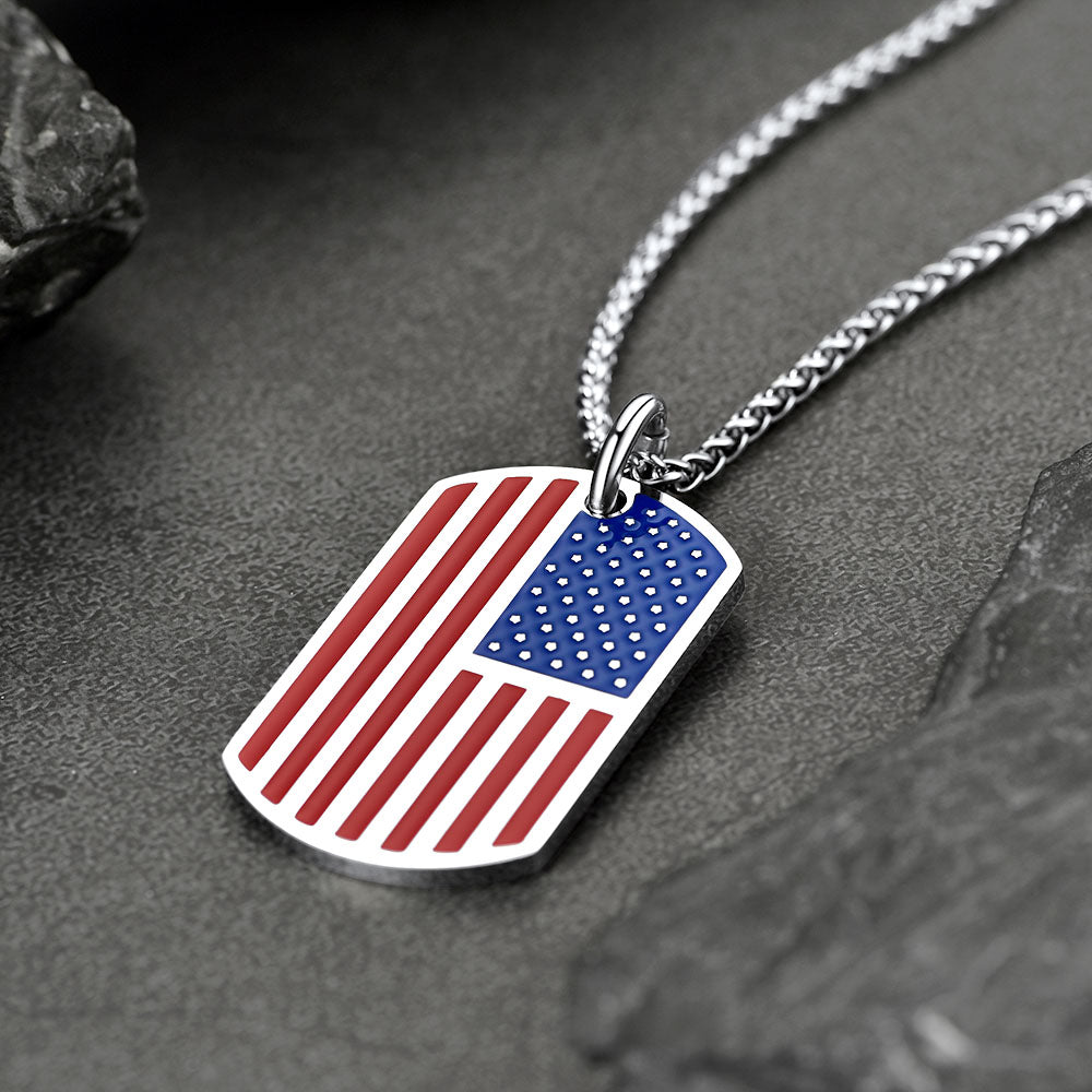 Engraved American Flag Dog Tag Necklace for