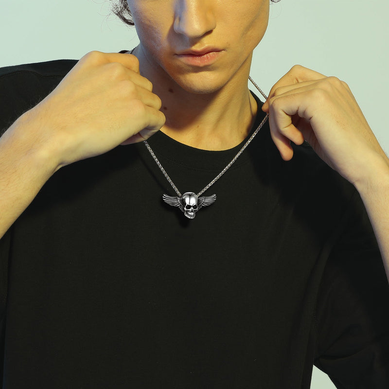 Gothic Skull Necklace With Wing for