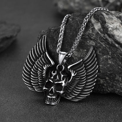 Gothic Flame Winged Skull Pendant Necklace for