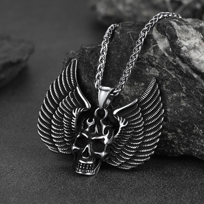 Gothic Flame Winged Skull Pendant Necklace for