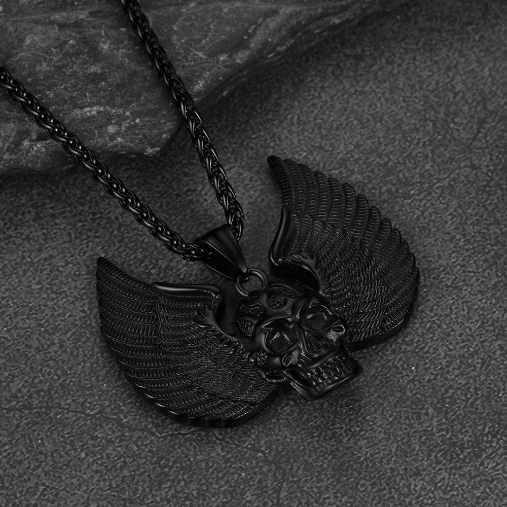 Gothic Flame Winged Skull Pendant Necklace for