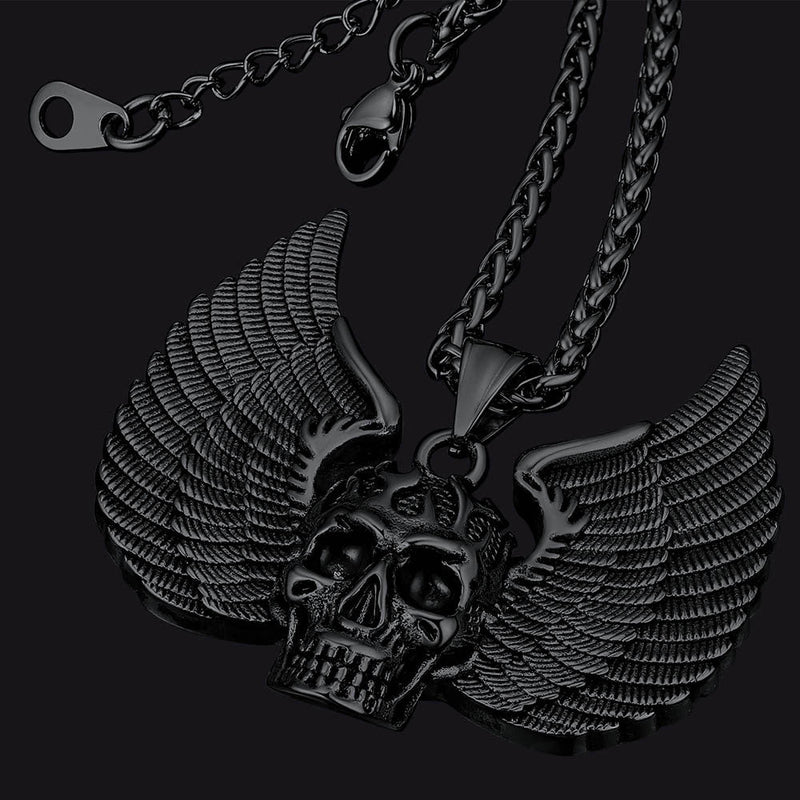 Gothic Flame Winged Skull Pendant Necklace for