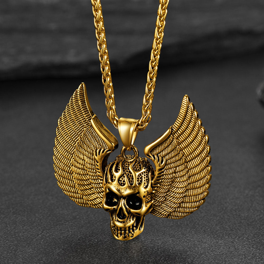 Gothic Flame Winged Skull Pendant Necklace for