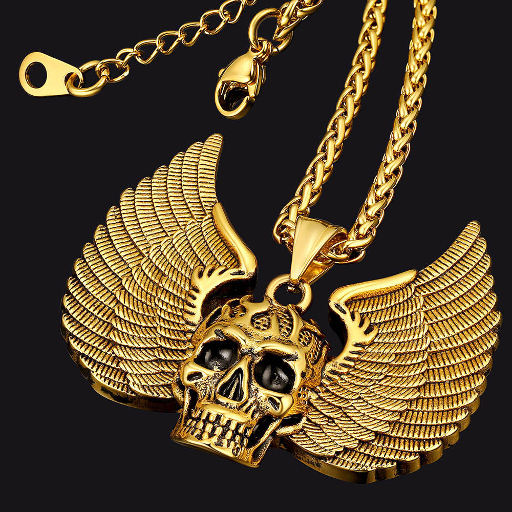 Gothic Flame Winged Skull Pendant Necklace for