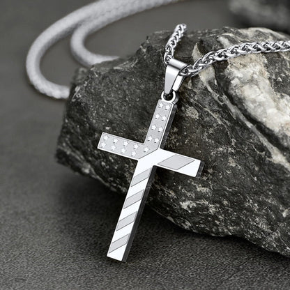 Patriotic American Flag Cross Pendant Necklace for