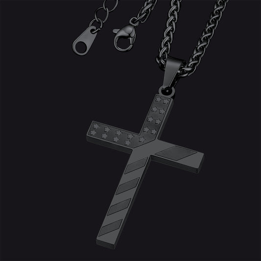 Patriotic American Flag Cross Pendant Necklace for