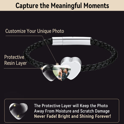 Customized Heart Black Braided Pu Leather Bracelet With Picture Memorial Gift