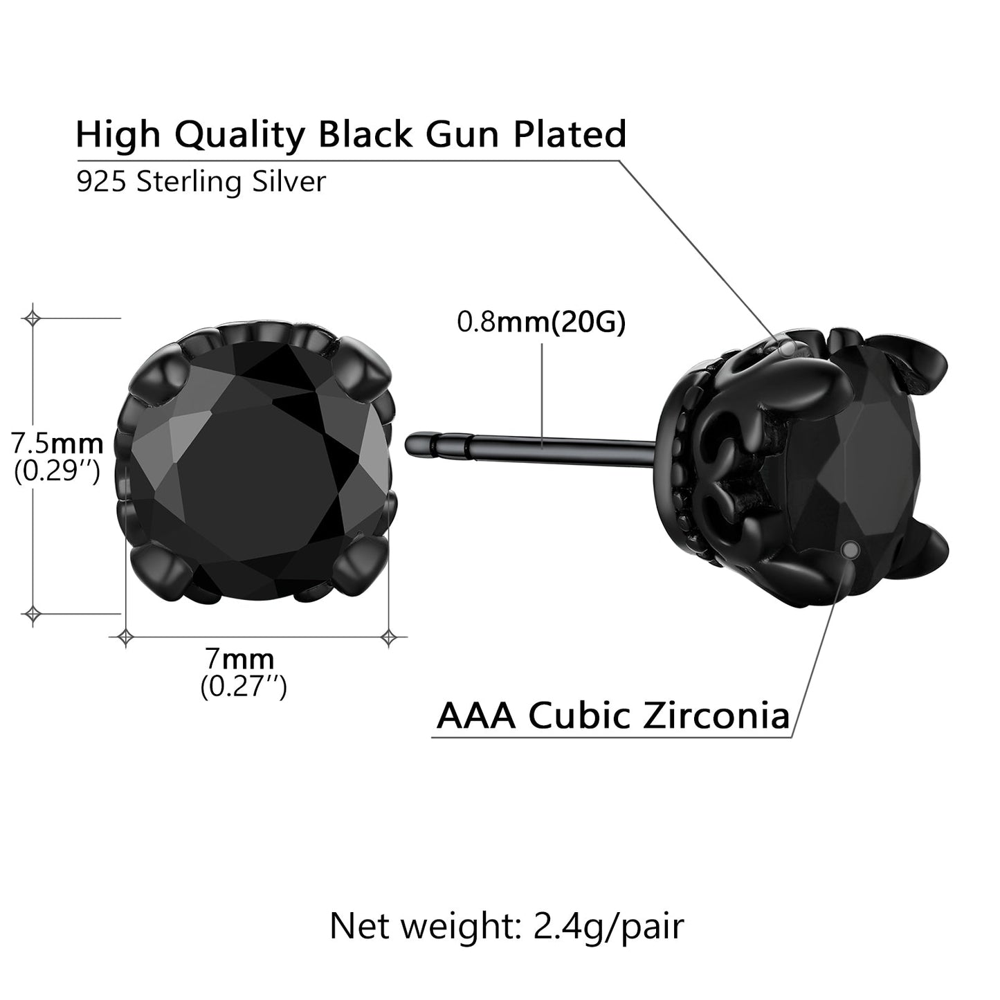 Sterling Silver Black Cubic Zirconia Stud Earrings for