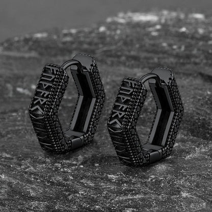 Viking Runes Hexagon Huggie Hoop Earrings for