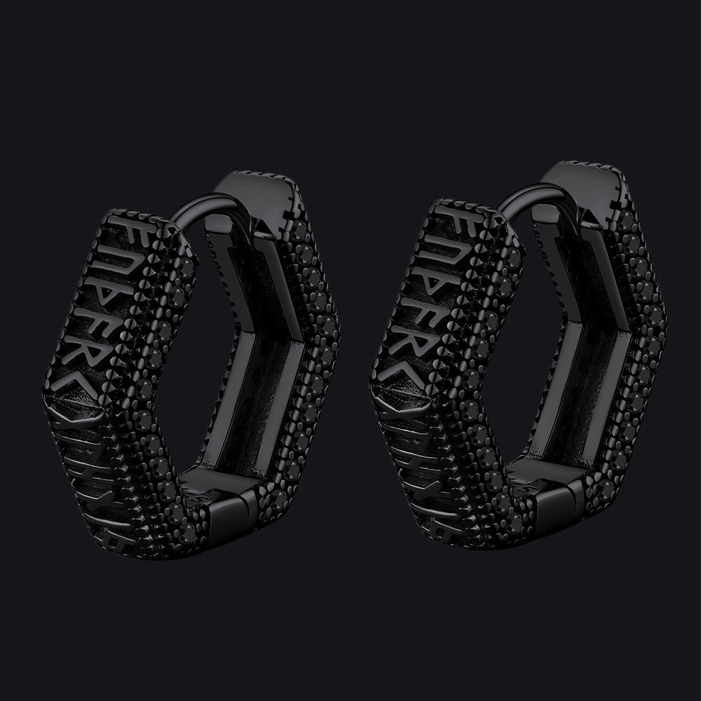 Viking Runes Hexagon Huggie Hoop Earrings for