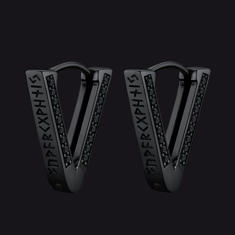 Sterling Silver Viking Triangle Huggie Hoop Earrings With Black Zirconia for