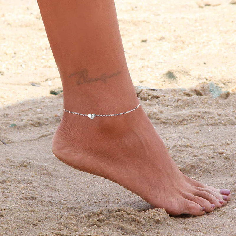 Sterling Silver Dainty Beach Heart Initial Anklet for