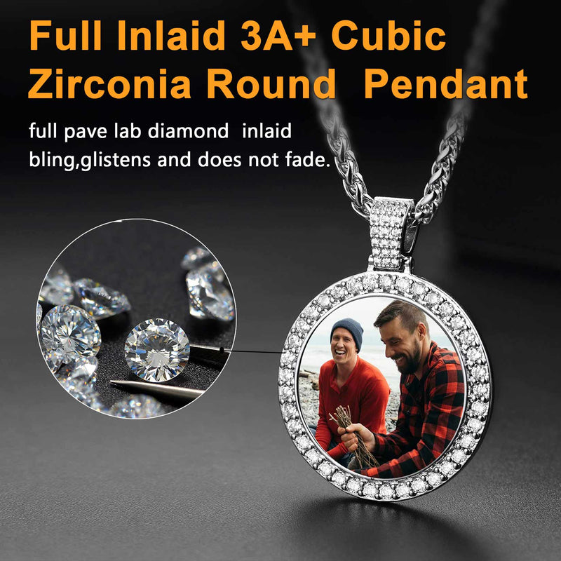 Customized Cubic Zircon Picture Circle Necklace Photo Pendant for