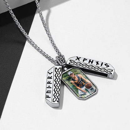 Personalized Picture Locket Dog Tag Necklace With Viking Rune for