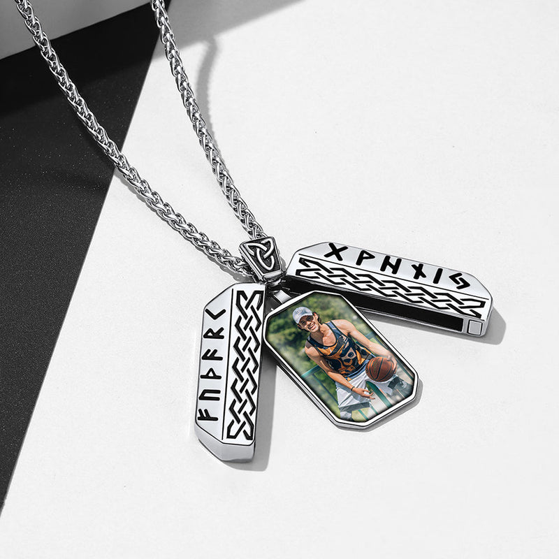 Personalized Picture Locket Dog Tag Necklace With Viking Rune for