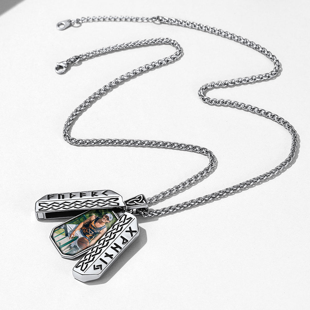 Personalized Picture Locket Dog Tag Necklace With Viking Rune for