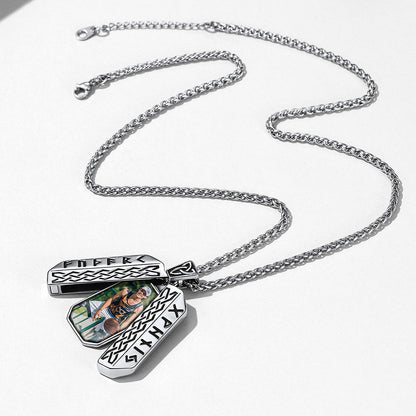 Personalized Picture Locket Dog Tag Necklace With Viking Rune for