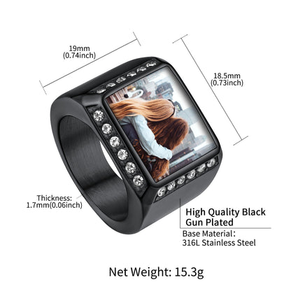 Personalized Photo Name Square Signet Ring Gift for