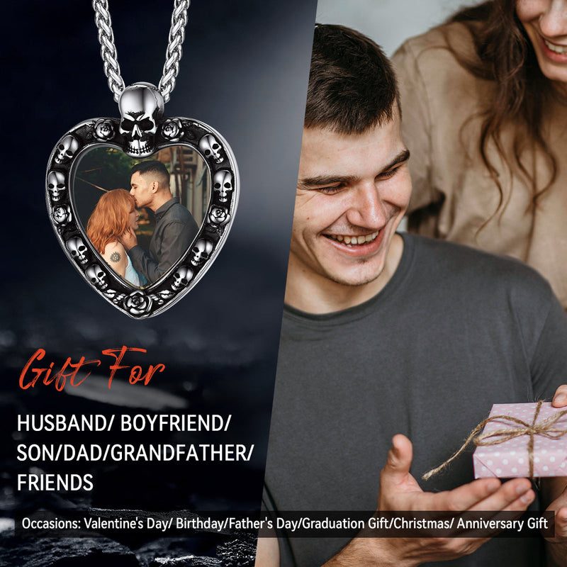 Customized Memorial Heart Photo Necklace With Skull for