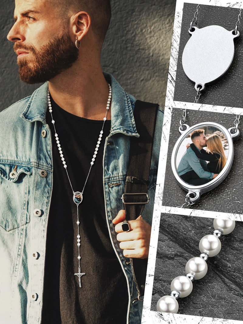 Personalized Picure Rosary Beads Pearl Chain Necklace for