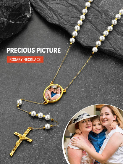 Personalized Picure Rosary Beads Pearl Chain Necklace for