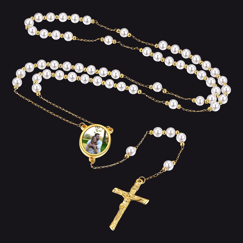 Personalized Picure Rosary Beads Pearl Chain Necklace for