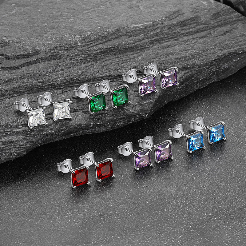 Sterling Silver Princess Cut Birthstone Stud Earrings Gift for Her