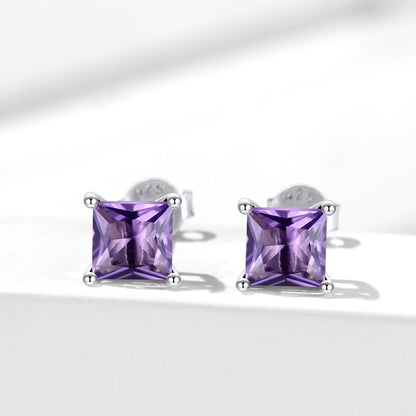 Sterling Silver Princess Cut Birthstone Stud Earrings Gift for Her