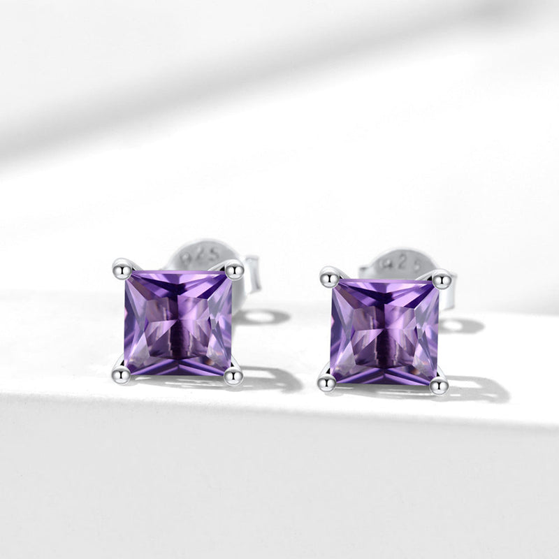 Sterling Silver Princess Cut Birthstone Stud Earrings Gift for Her
