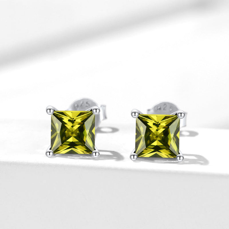 Sterling Silver Princess Cut Birthstone Stud Earrings Gift for Her