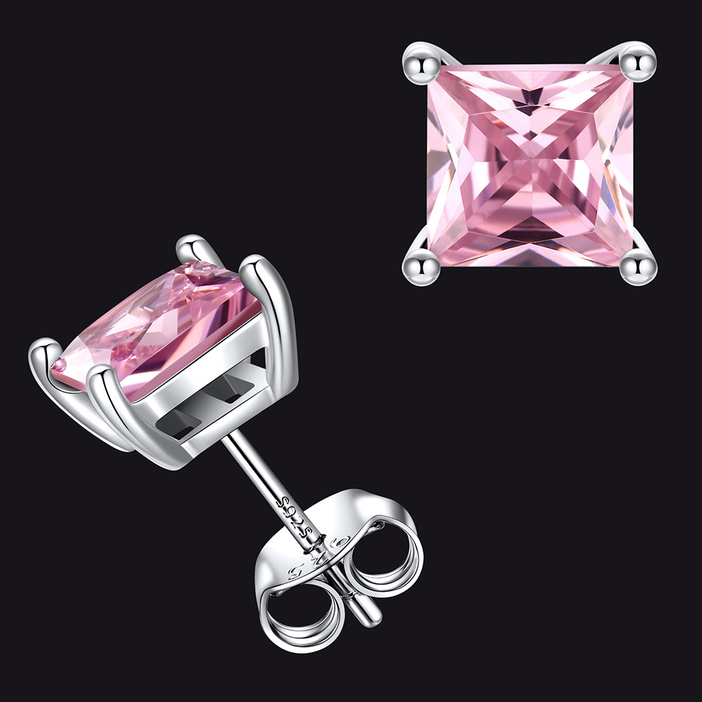Sterling Silver Princess Cut Birthstone Stud Earrings Gift for Her