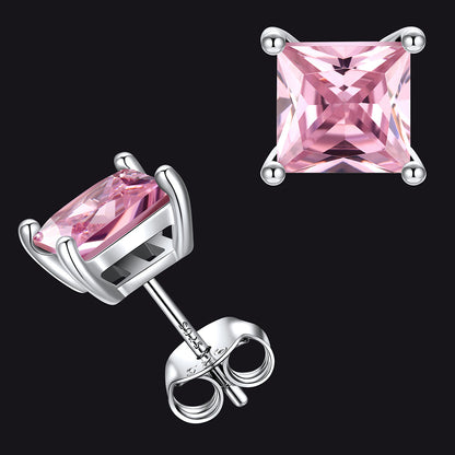 Sterling Silver Princess Cut Birthstone Stud Earrings Gift for Her