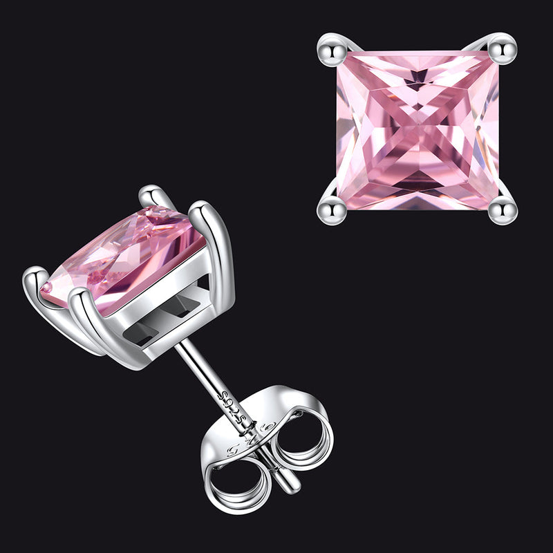 Sterling Silver Princess Cut Birthstone Stud Earrings Gift for Her