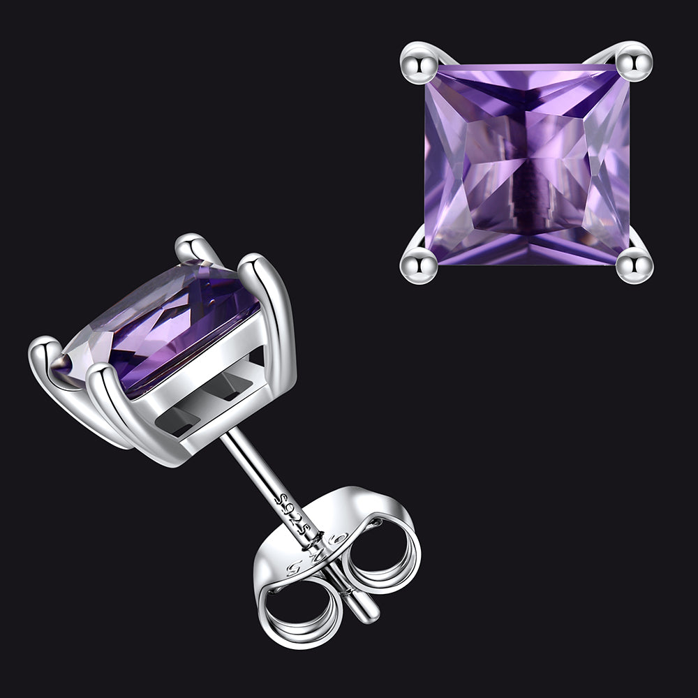 Sterling Silver Princess Cut Birthstone Stud Earrings Gift for Her