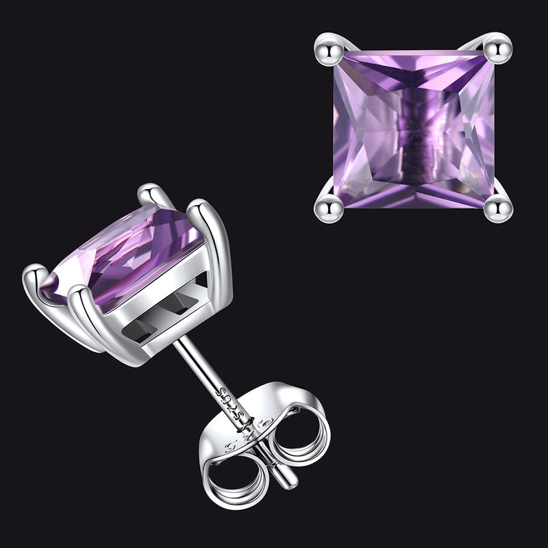 Sterling Silver Princess Cut Birthstone Stud Earrings Gift for Her