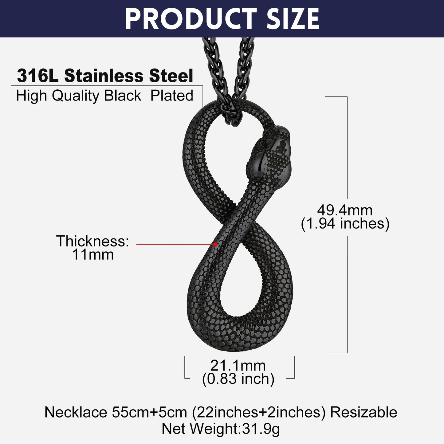 Punk Eight Pythons Infinity Snake Necklace for