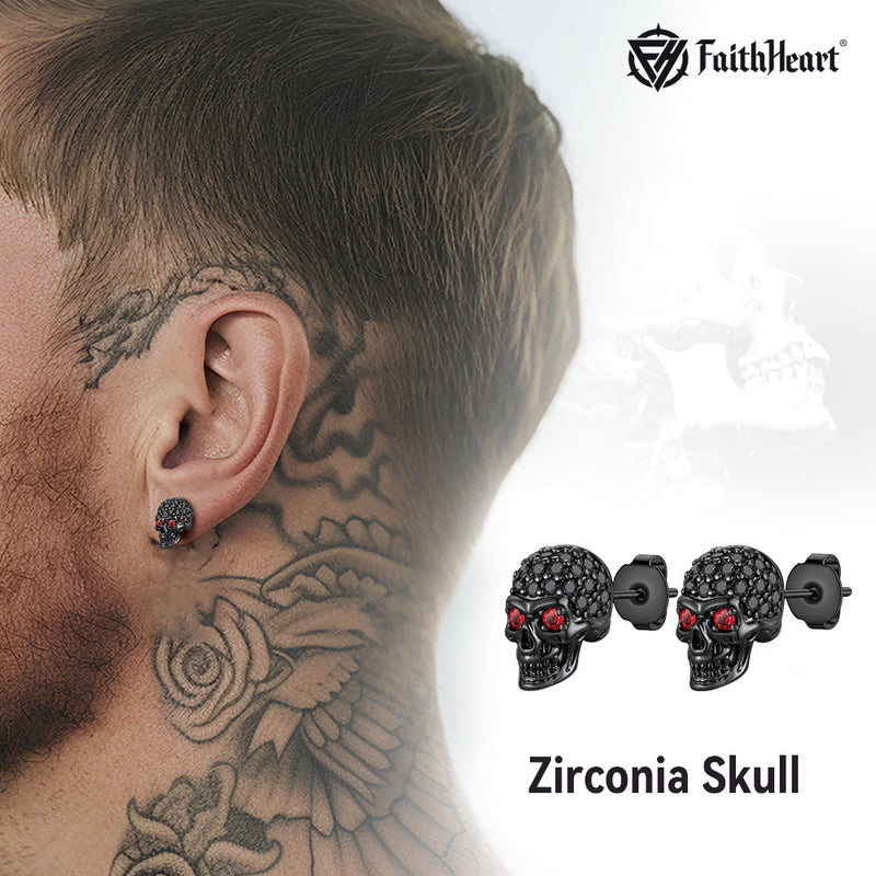 Gothic Cz Red Eye Stud Skull Earrings for
