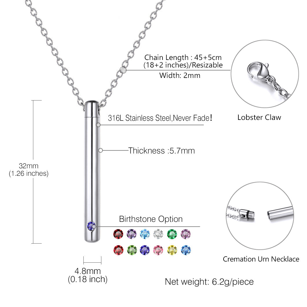 Personalized Bar Urn Necklace for Ashes With Birthstone Keepsake Memorial Jewelry