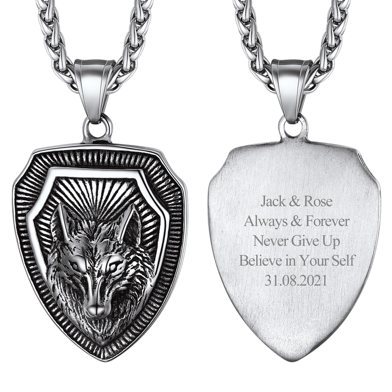 Engraved Viking Nordic Wolf Necklace Amulet Pendant for